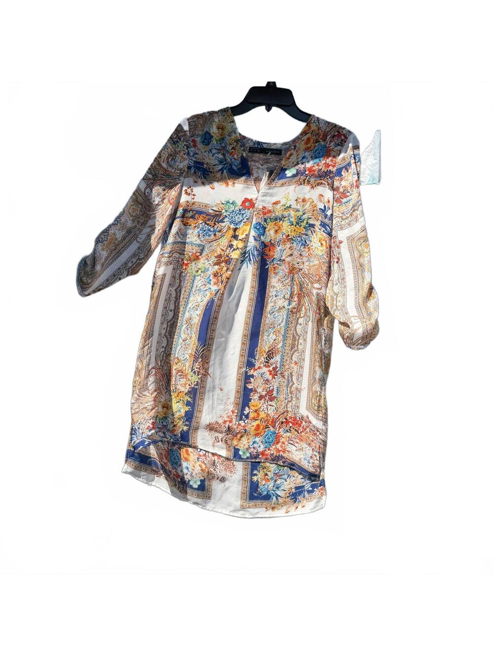 Zara Basic Floral V-Neck Tunic Dress Blue Orange 3/4 Roll Tab Sleeve Sz S / 5